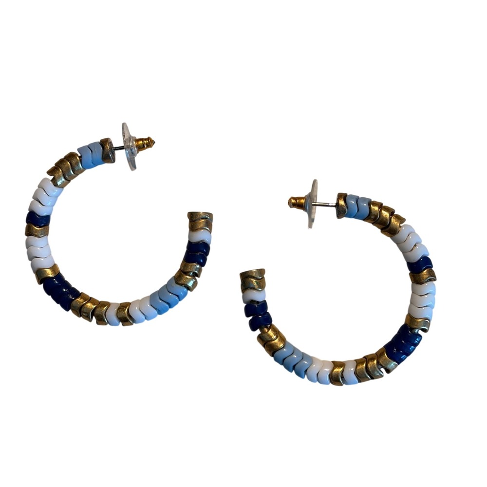 J.Crew Beaded Hoop Earrings Chevron Blue‎ White Gold Preppy Coastal Nautical
